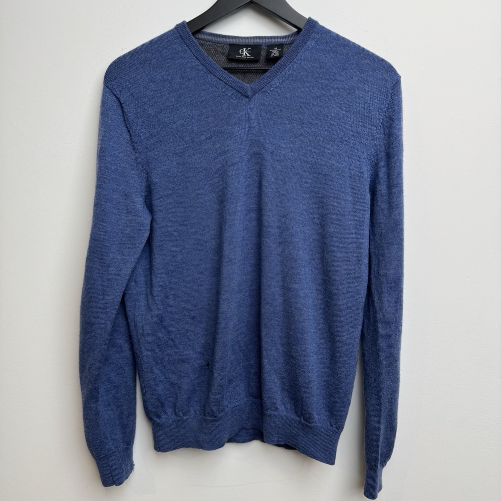 Calvin Klein Blue M V-Neck Sweater 100% Extra‎ Fine Italian Merino Wool Men's